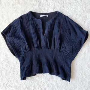 Zara Woman Blue Crinkle Gauze Relax Smocked Waist Dolman Sleeve Top SMALL Boho